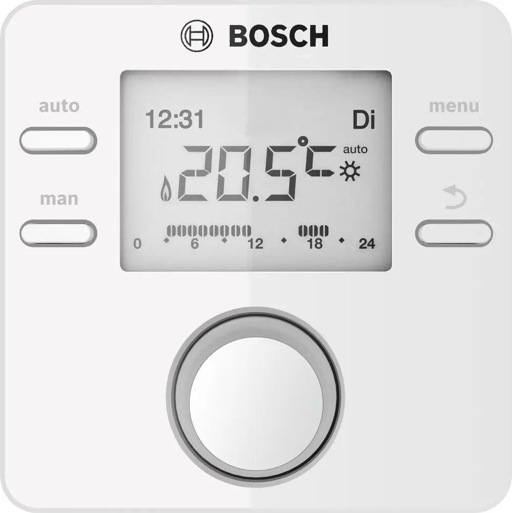 Weißer Raumtemperaturregler von Bosch mit digitalem Display, Temperaturanzeige von 20,5 °C und Bedienelementen für Auto- und Manuellbetrieb.
